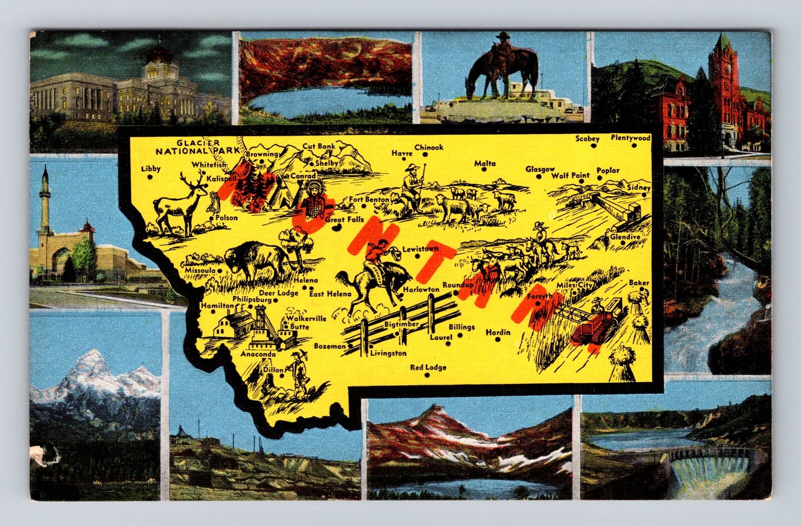 MT-Montana, General Map Greeting, Points of Interest, Vintage Souvenir Postcard