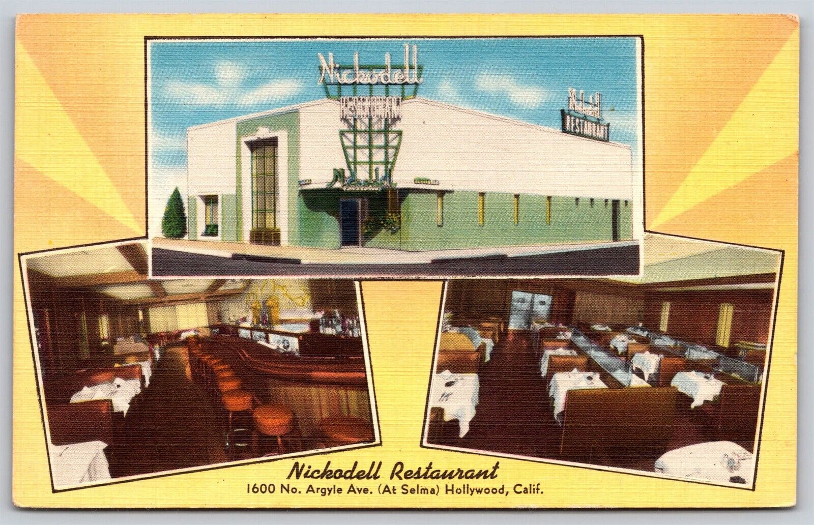 Postcard Nickodell Restaurant, Hollywood CA linen B142