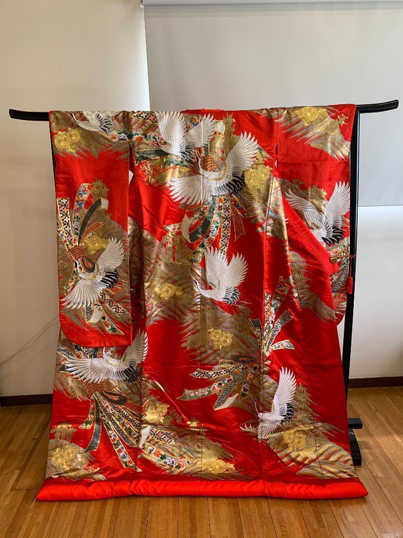Uchikake kimono crane pattern red ladies wedding bridal old clothes Used