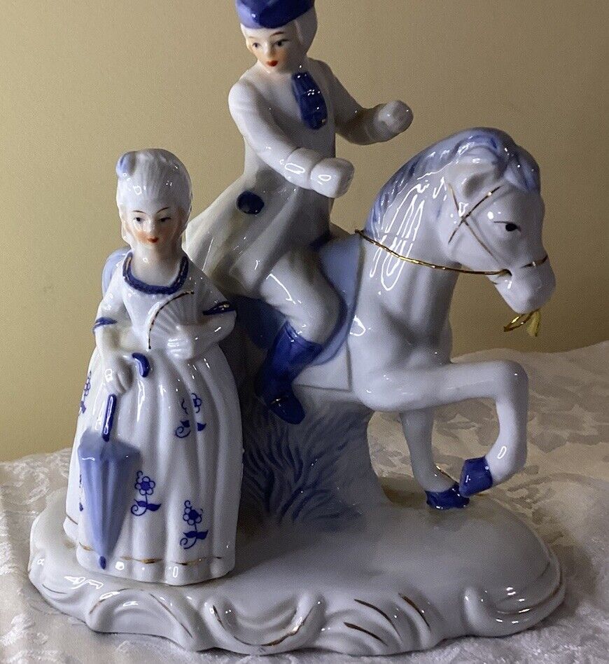 Porcelain Victorian French Colonial Blue And White Man, Woman, and horse (#351)