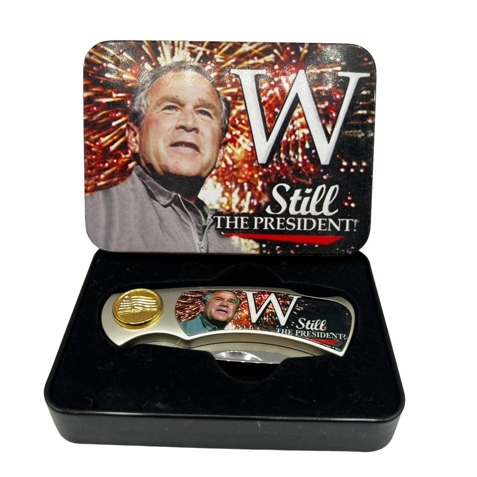 George W. Bush W Still The President Knife with Tin Box Vintage Collectible