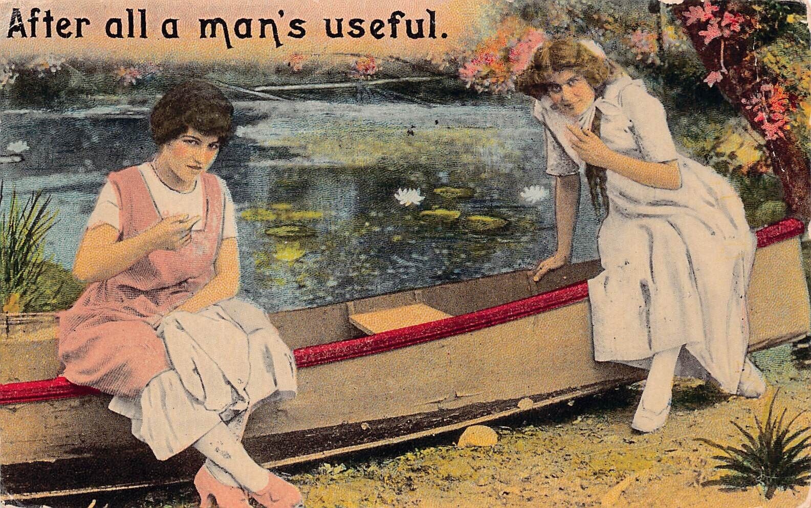 Suffragette Two Girls One Guy Man to Row Boat Lake a bit Weird Vtg Postcard C59