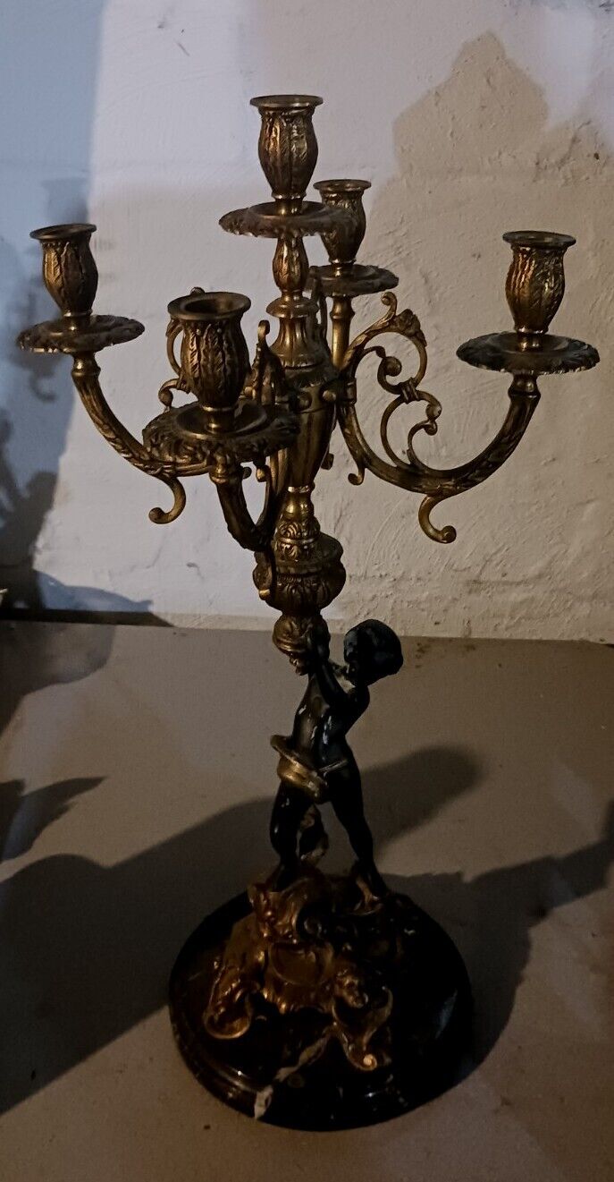 Antique Neoclassical Bronze Marble  Base Cherub Angel Lamp Candelabra