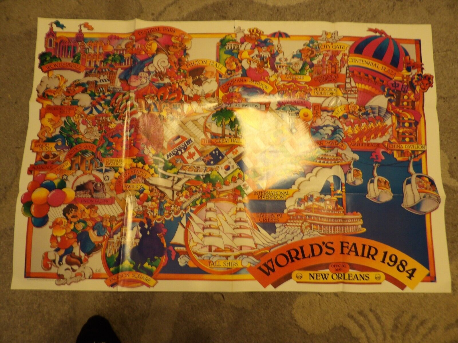 VINTAGE LARGE LOVELY ILLUSTRATED  CARTOON MAP OF NEW ORLEANS WORLD'S FAIR 1984
