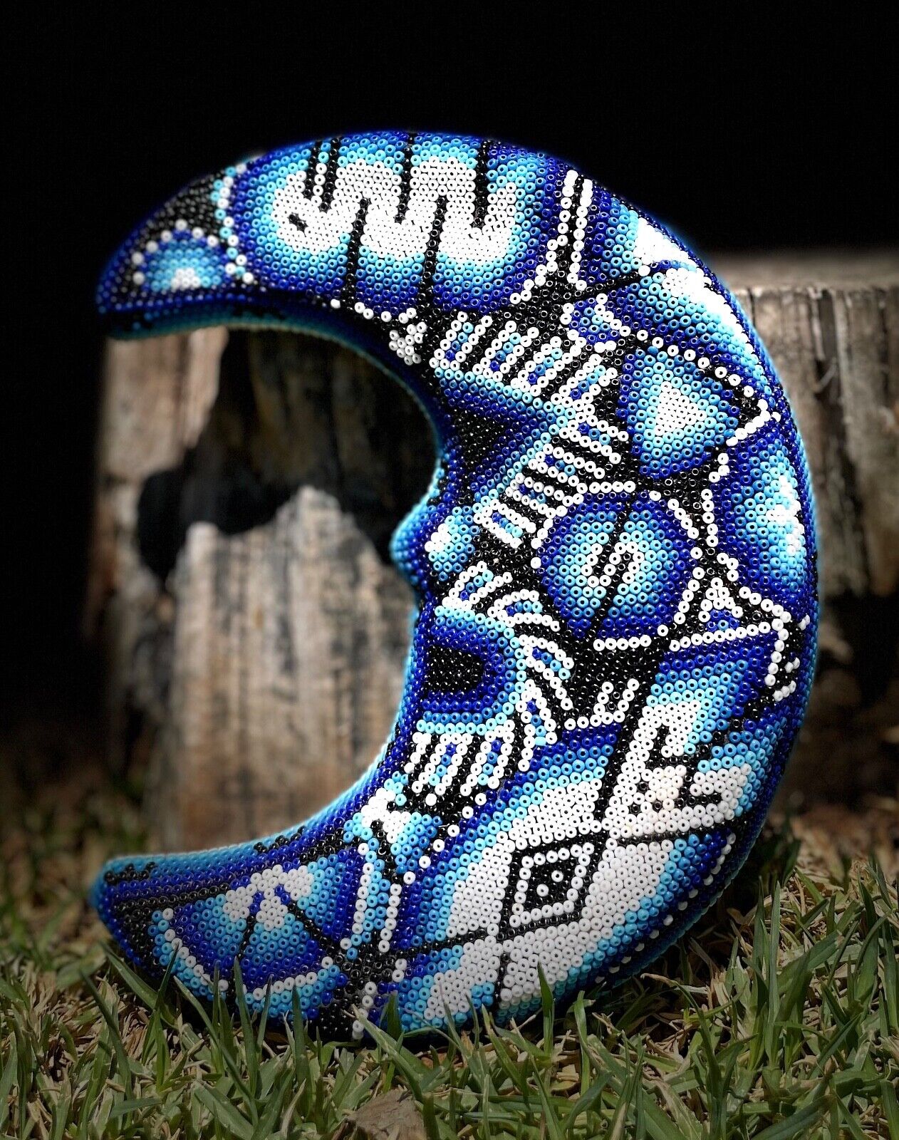 Huichol Mexican Folk Art Hand Beaded  - Moon - Blue/White - Unique - Wall deco