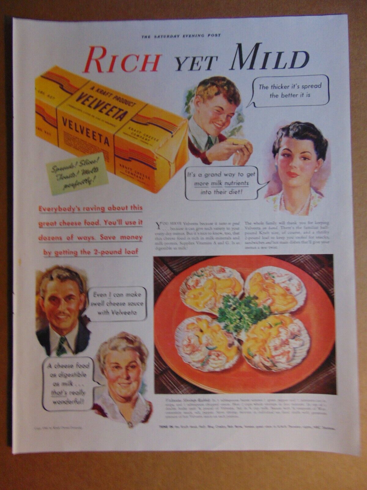 1941 KRAFT VELVEETA CHEESE vintage art print ad