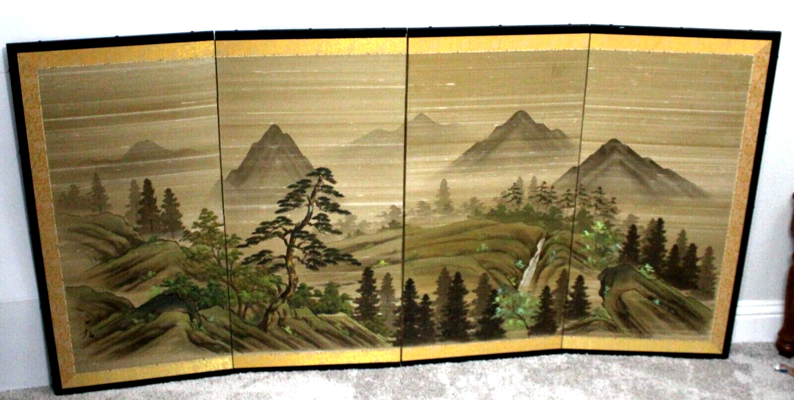 Japanese Byobu Silk Screen 4 Panels Hand-Painted Mountains and Ancient Trees