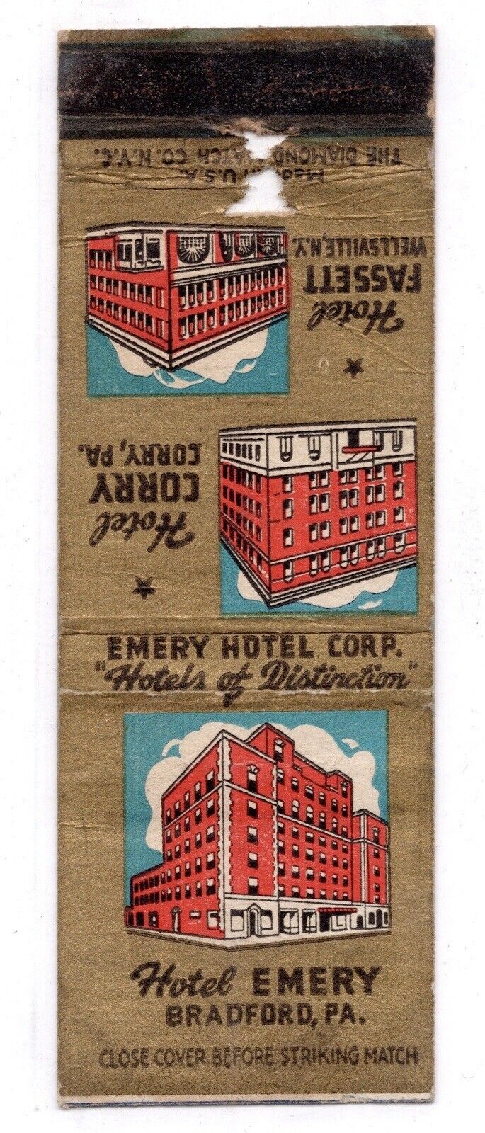 c1940s~Hotel Corry & Emery~Bedford Pennsylvania PA~Vintage Matchbook Cover