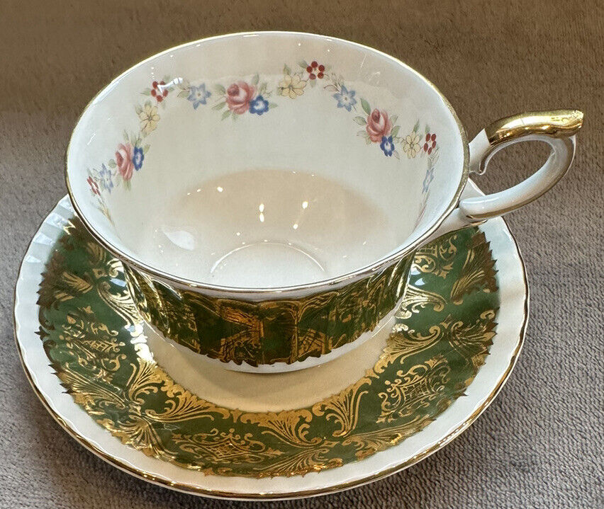 Paragon Cup & Saucer Pembroke Cobalt Green Rose Floral Garland Gold Gilt Teacup