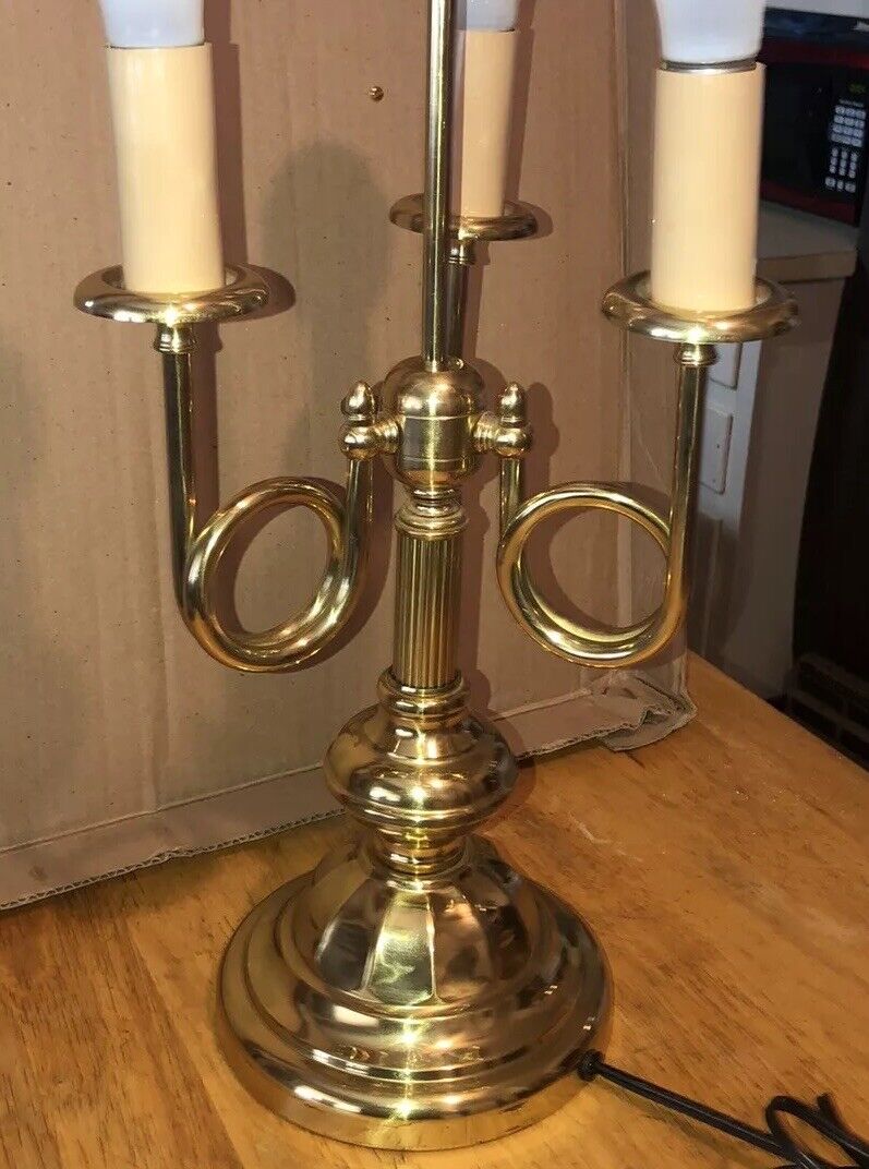 Vtg MCM Brass Triple 3 Light French Horn Bouillotte Desk Table Lamp 25” Nice