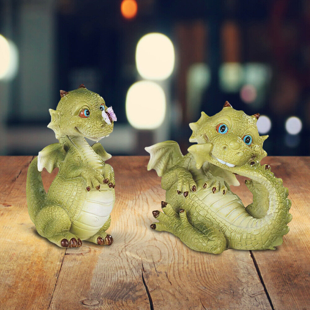 2-PC Dragon Figurine Set - Lovely Green Dragon Baby with Butterfly 3.5\