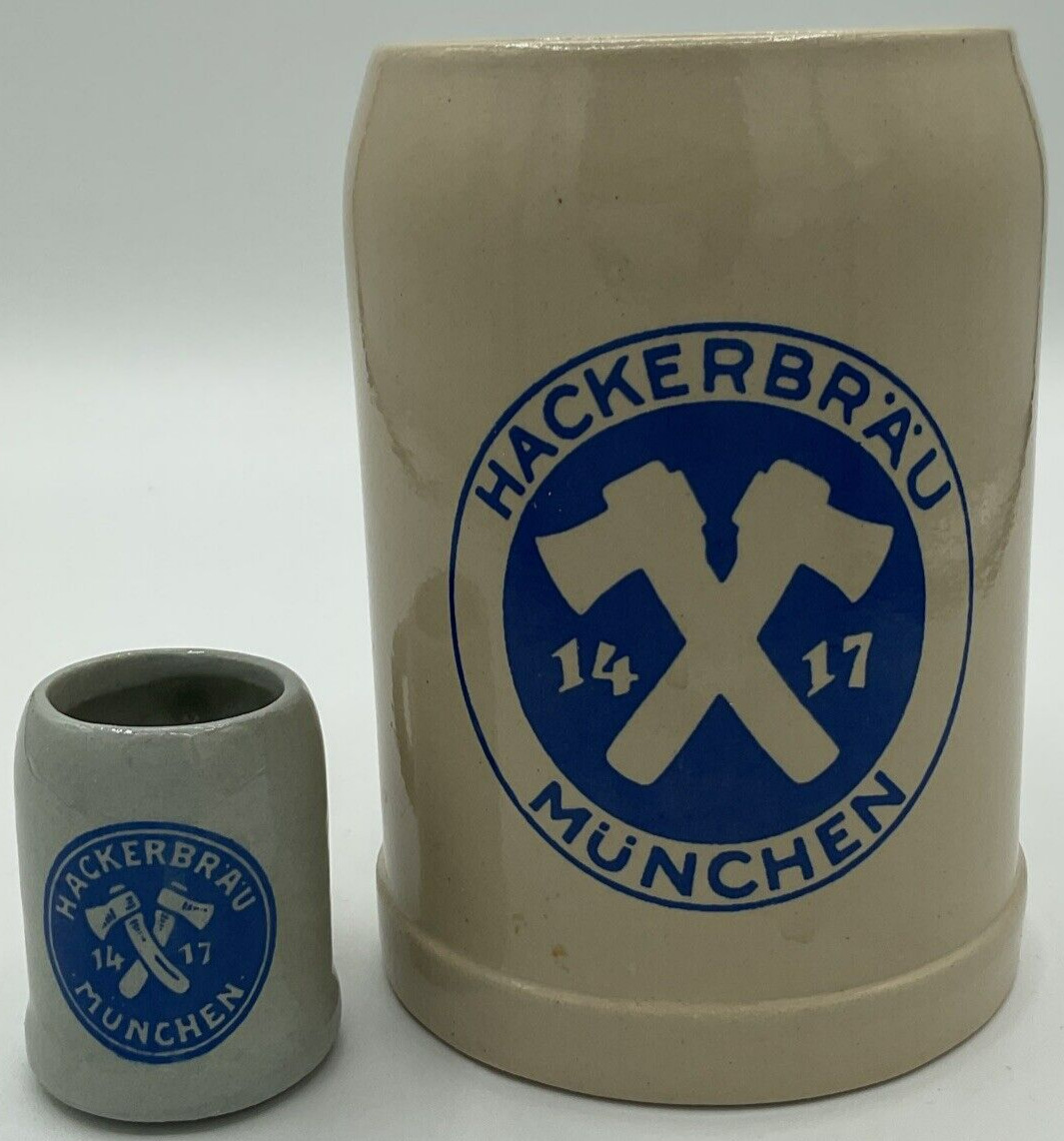Vintage Hackerbrau Munchen Stein & Mini Stein Toothpick Holder Stoneware Germany