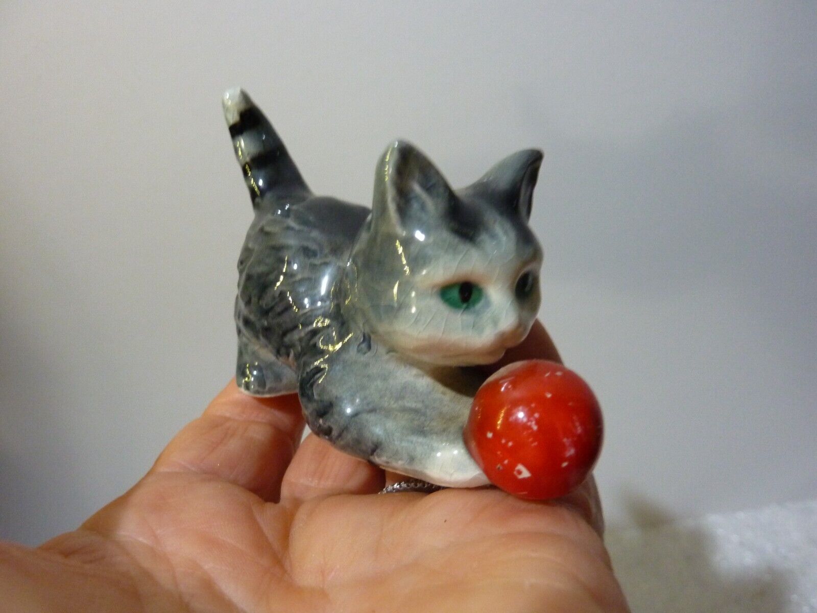 Darling Vintage Goebel Gray Tabby Cat Kitten w Red Ball Germany 2.25\
