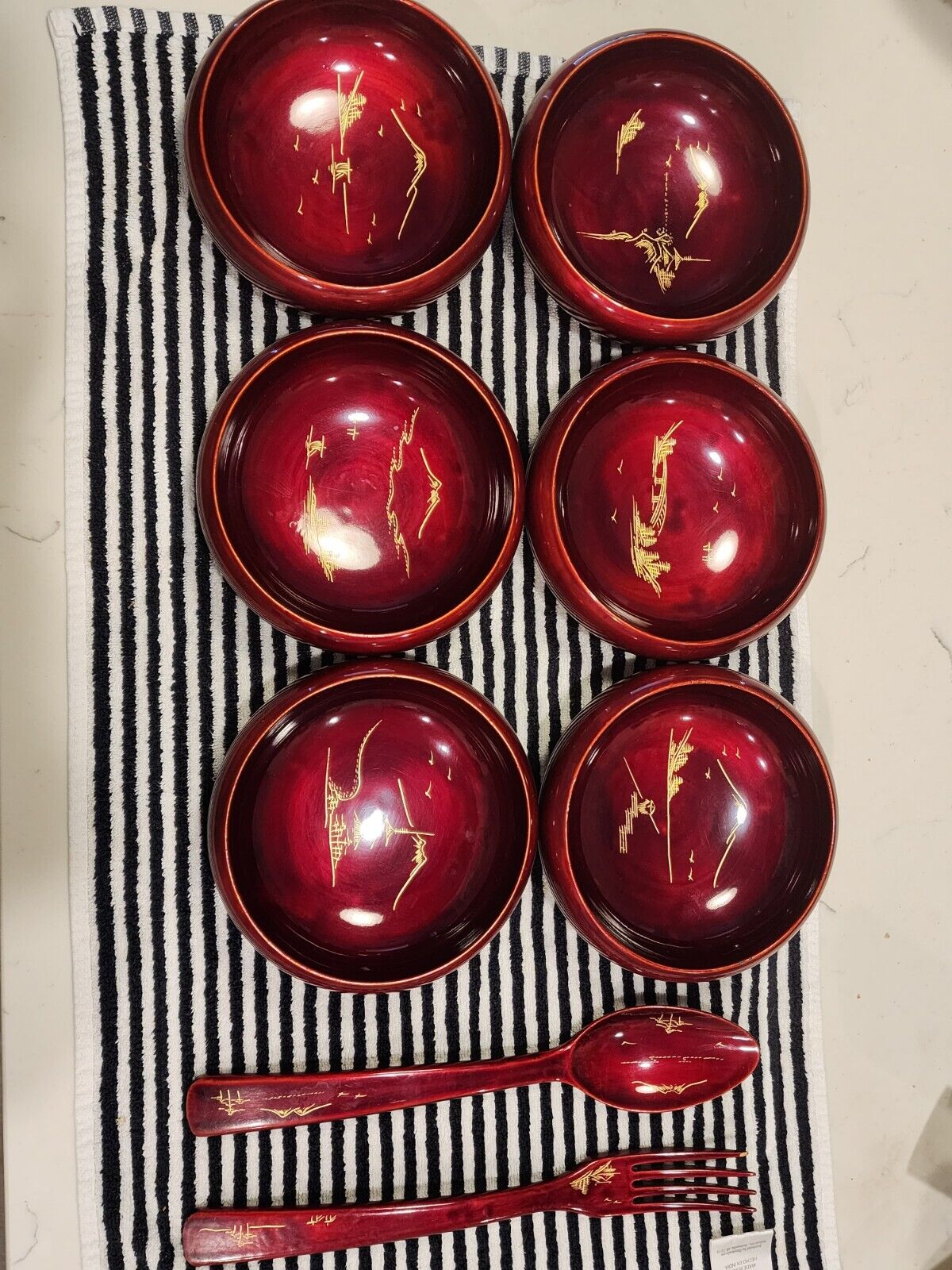 Vintage 9 PC Aizu Japanese Hand painted Salad Bowl Set Red Lacquer Inlaid Shell