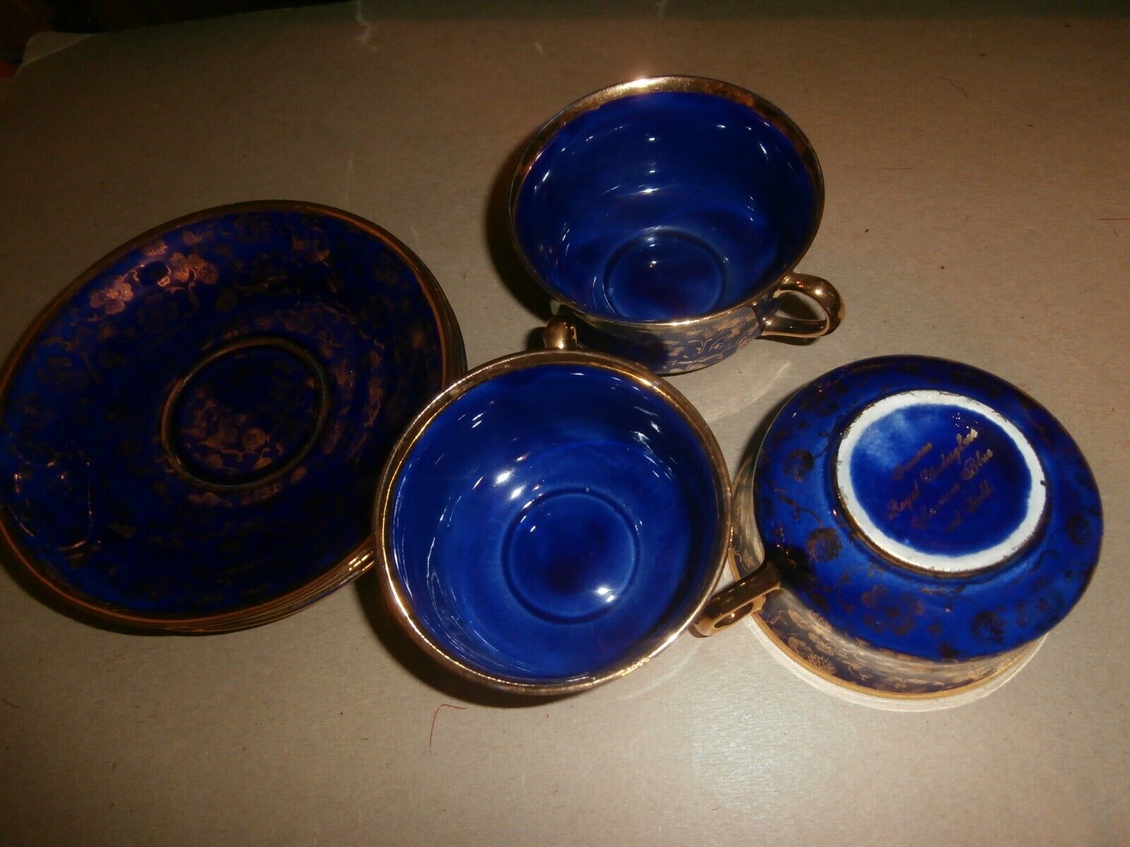 3 Vintage Royal Underglaze Mazarine Blue Gold Cups Saucers