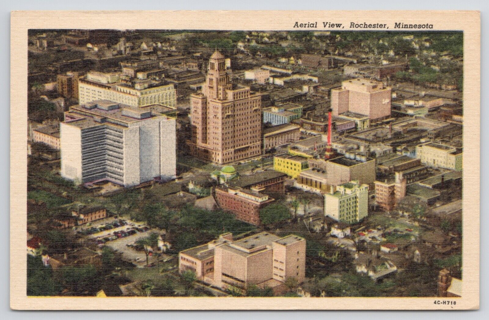Rochester Minnesota Aerial View Downtown Linen Postcard