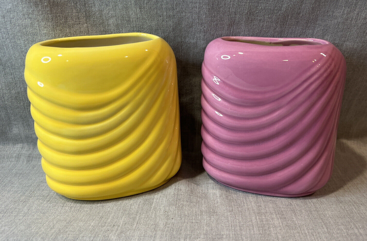 VTG Set 2 1980s Expressions In Silk Ceramic Yellow & Pink Art Deco Revival Vases