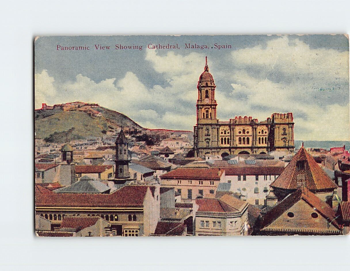 Postcard Panoramic View Showing Cathedral Malaga Spain