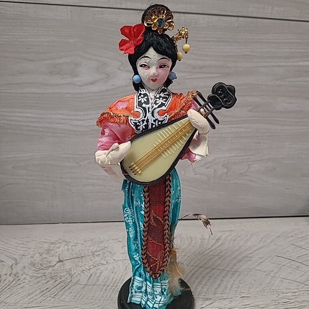 Yu Chu Geisha Asian Girl Doll On Stand With Lyre Stringed Instrument 10\