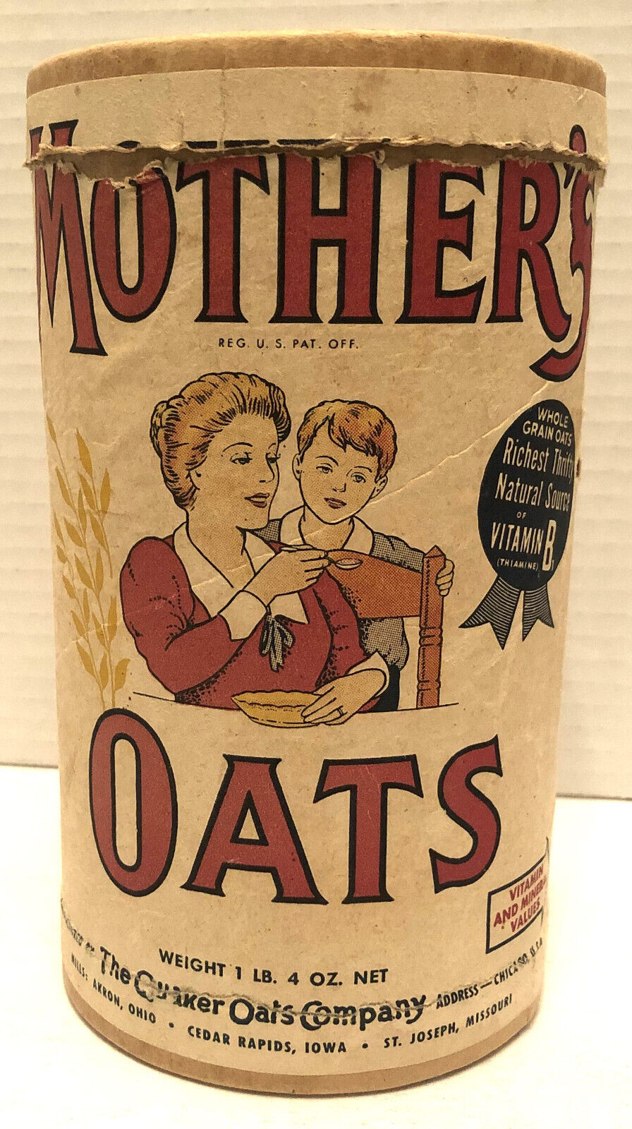 Vintage Mother’s Oats 1 Lb 4 Oz.  Quaker Oats Company Cardboard Canister