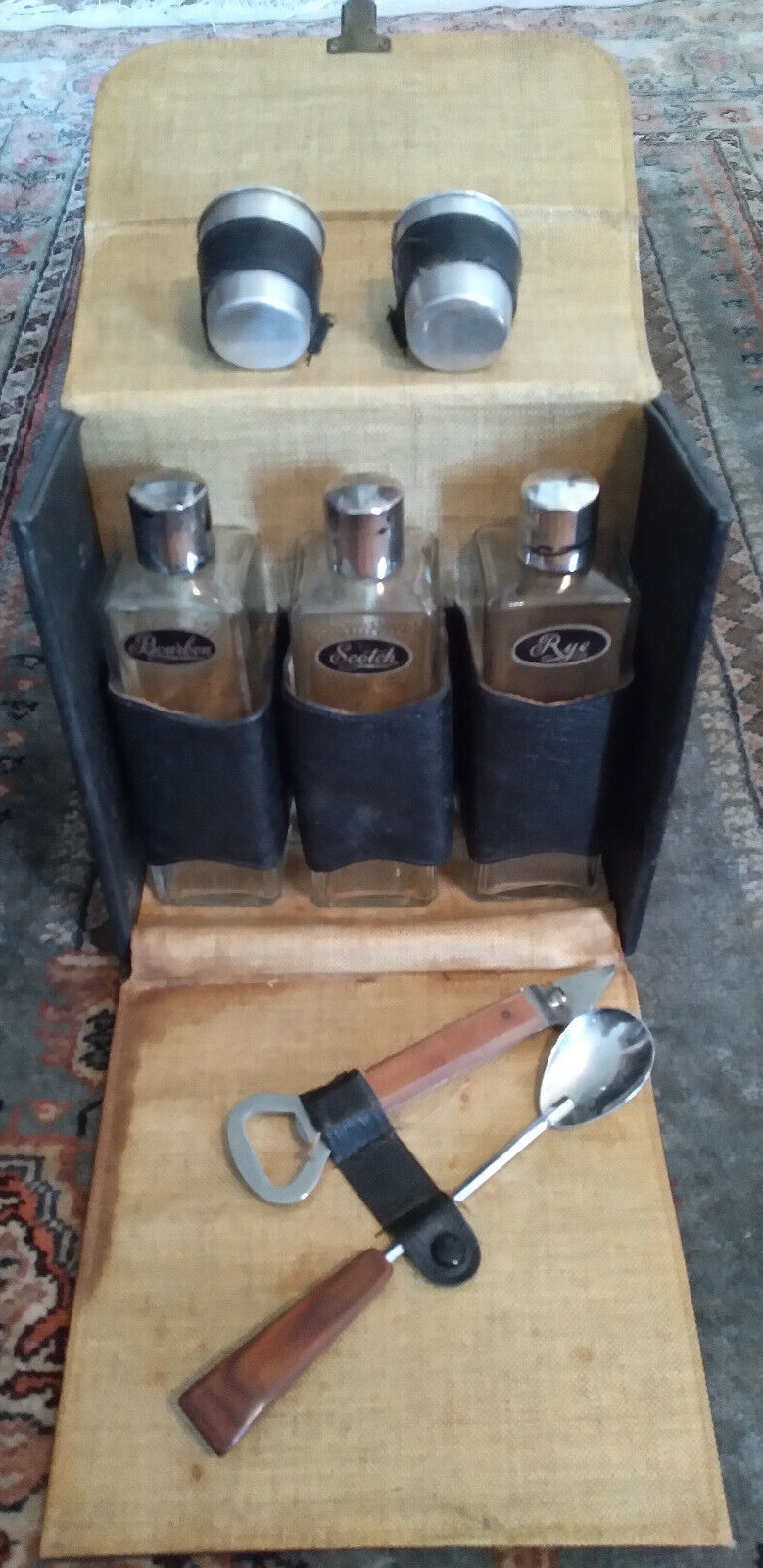 Vintage Travel Bar Leather Case 3 Glass Liquor Decanters Set
