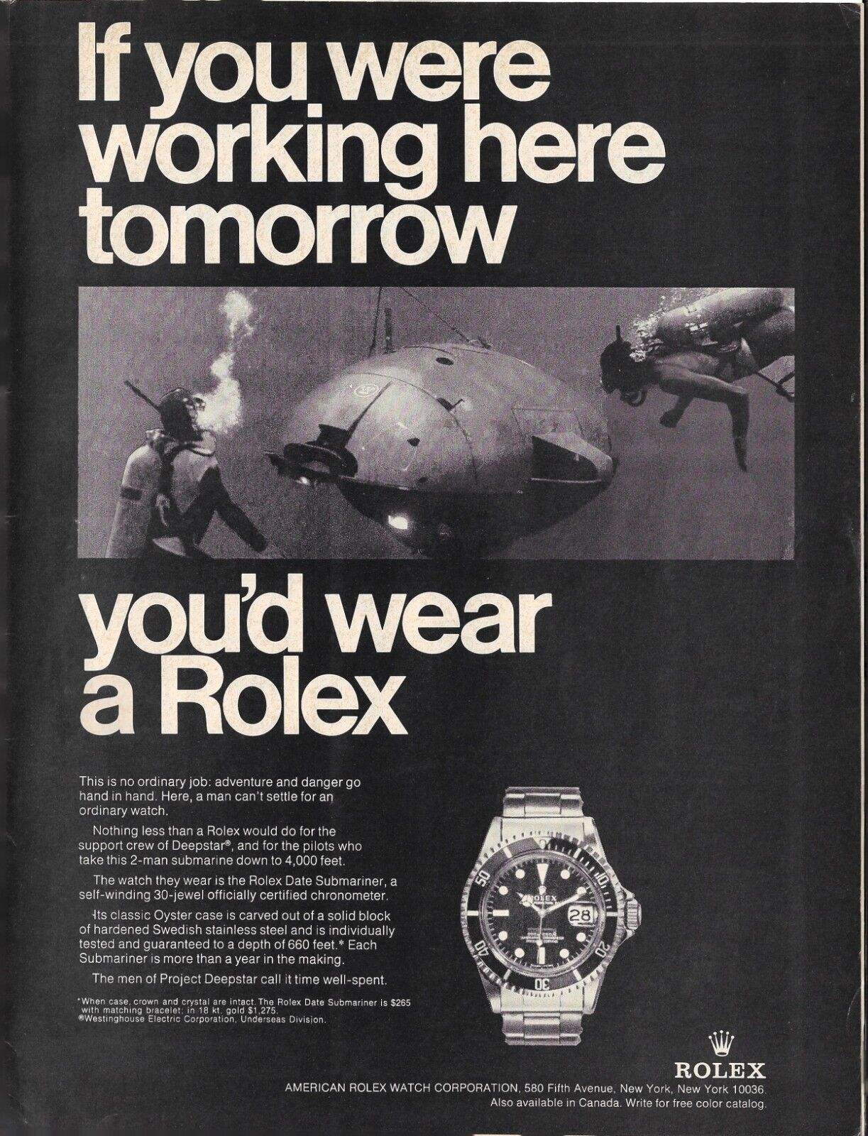 1970 Rolex Date Submariner Watch Project Deepstar Submarine Vintage Print Ad