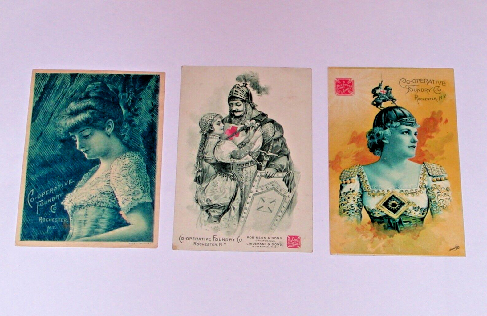 3 Early Co-Operative Foundry Rochester Red Cross Range & Base Burner Trade Cards