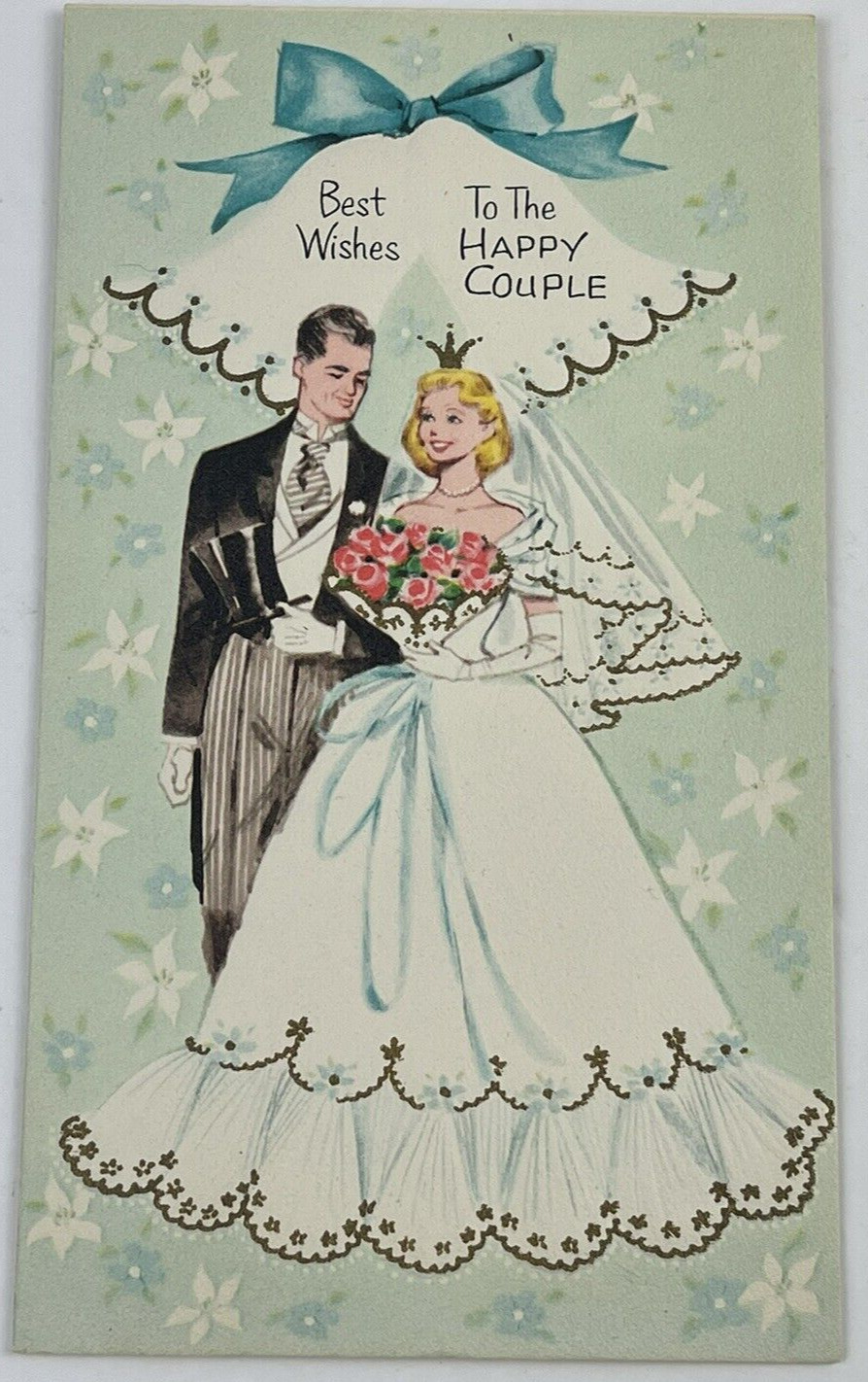 Vintage 1950\'s Wedding Couple Newlyweds Marriage Best Wishes Greeting Card 7x4