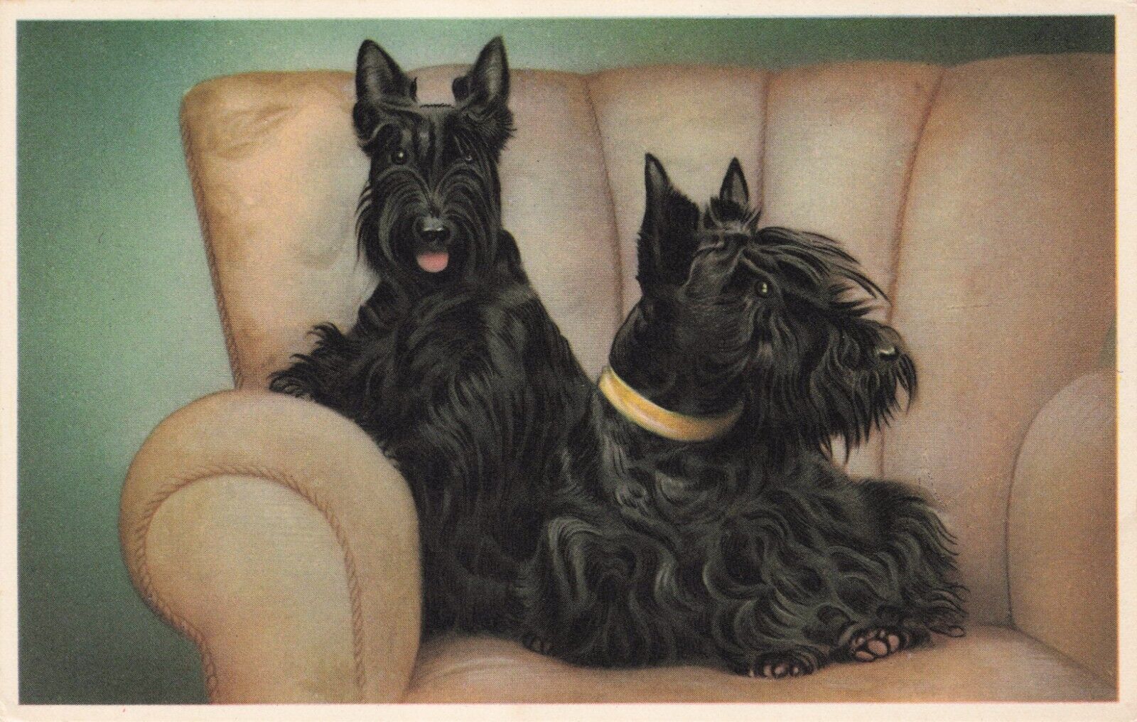 Artist card Two Scottish Terriers Sitting in A Chair Vintage Postcard