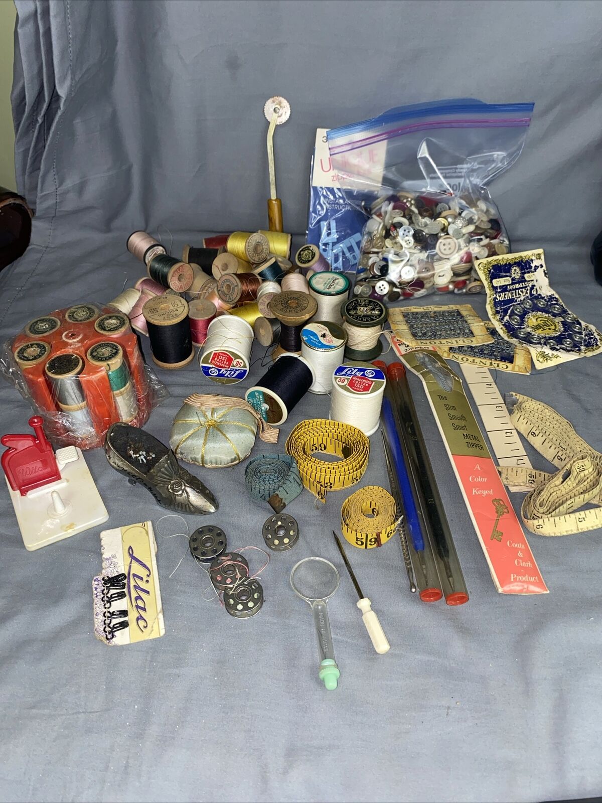 Vintage Sewing Notions Lot Needles Thread Cushions Buttons Bobbins Tapes