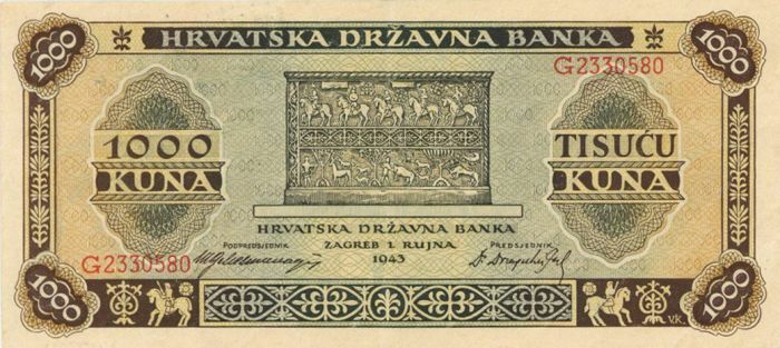 Croatia - 1,000 Kuna - P-12a - 1943 dated Foreign Paper Money - Paper Money - Fo