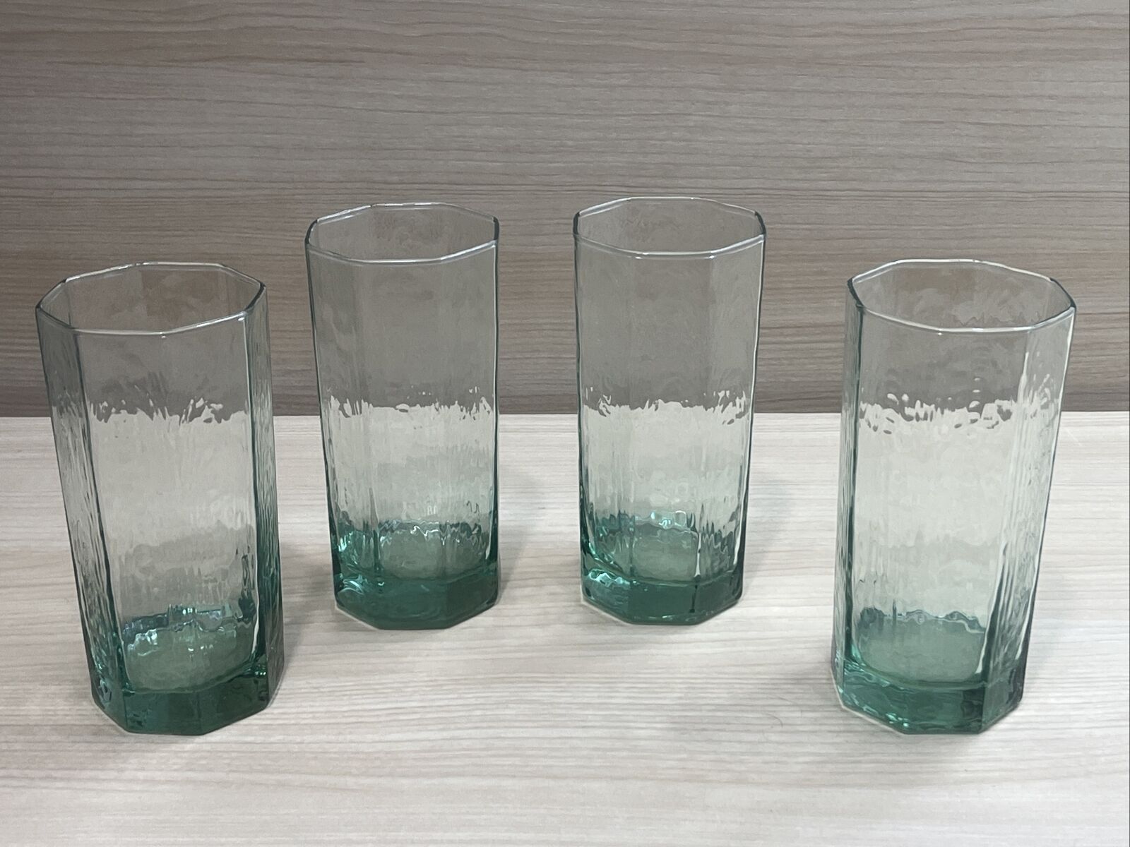 Libbey Facets Green Octagon Tall 6” Tumbler Drink Glasses Set Of 4 Vintage