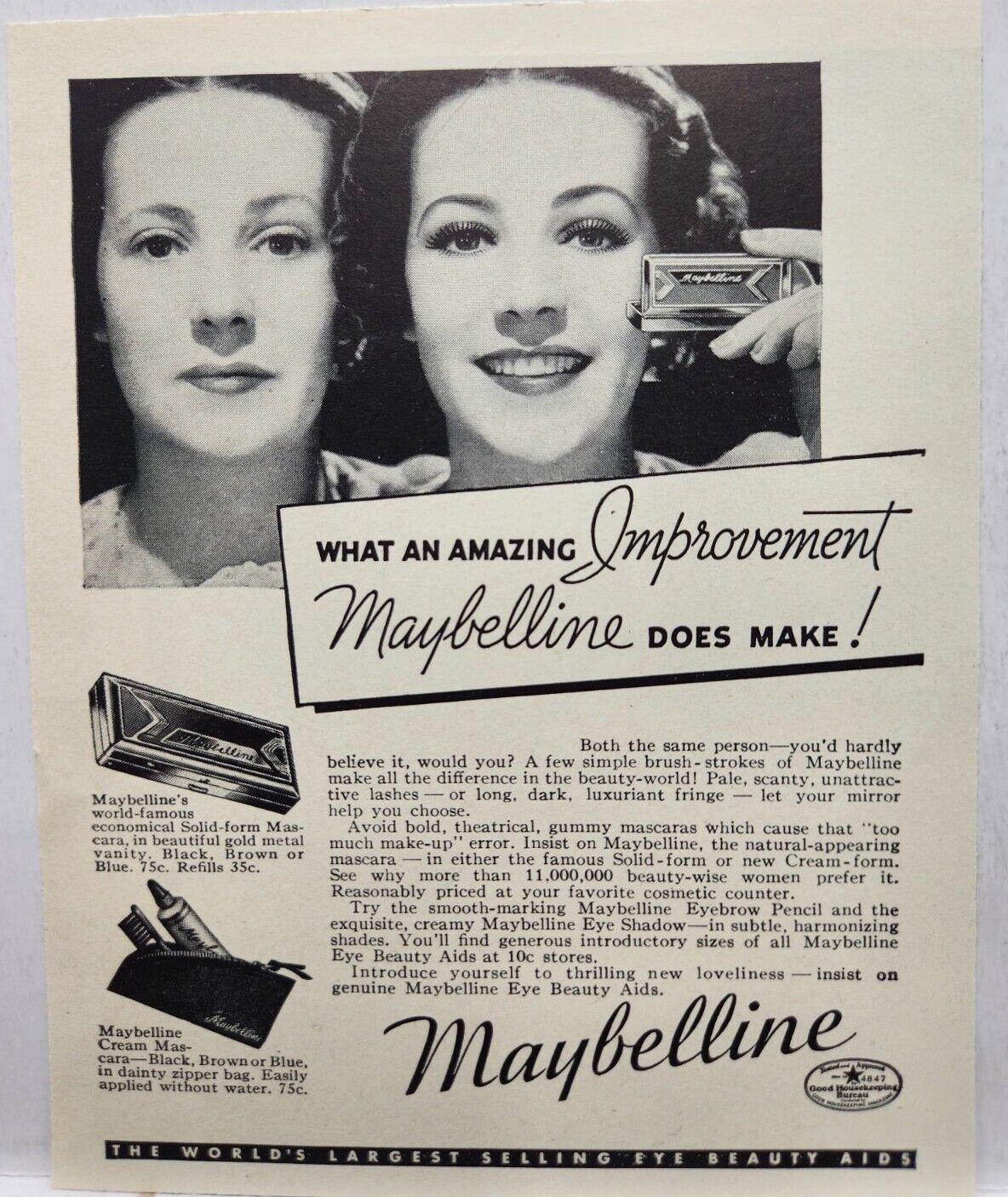 1937 Maybelline Cosmetics Mascara Vintage Print Ad Man Cave Poster Art 30\'s