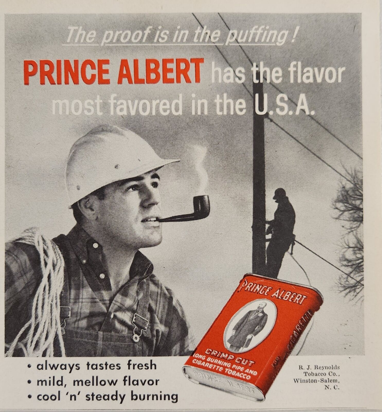 1961 Print Ad Prince Albert Tobacco Lineman Smokes a Pipe R.J. Reynolds