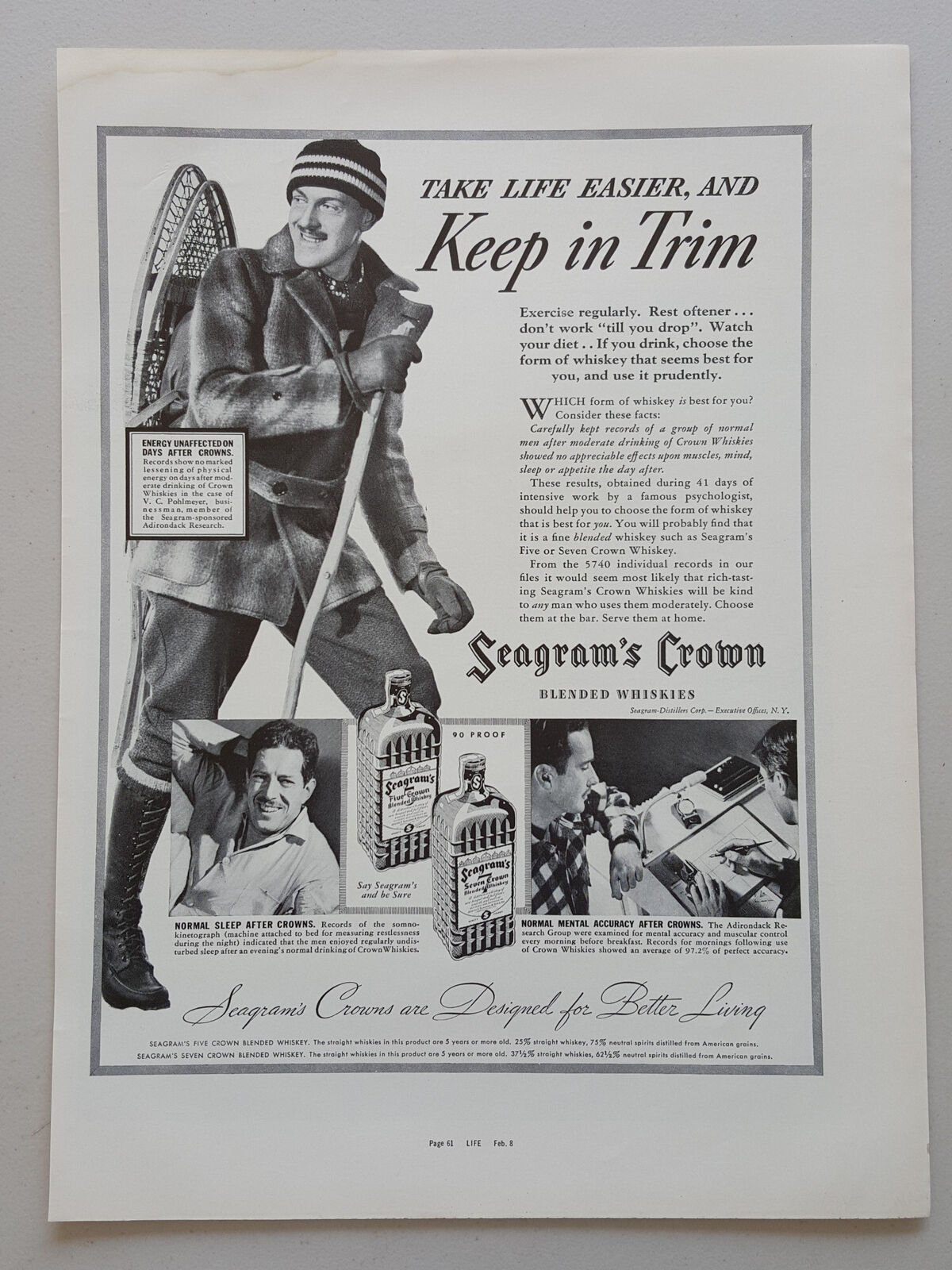 1937 Seagram\'s Five Seven Crown Whiskey Whisky Snow Shoes Vtg Magazine Print Ad