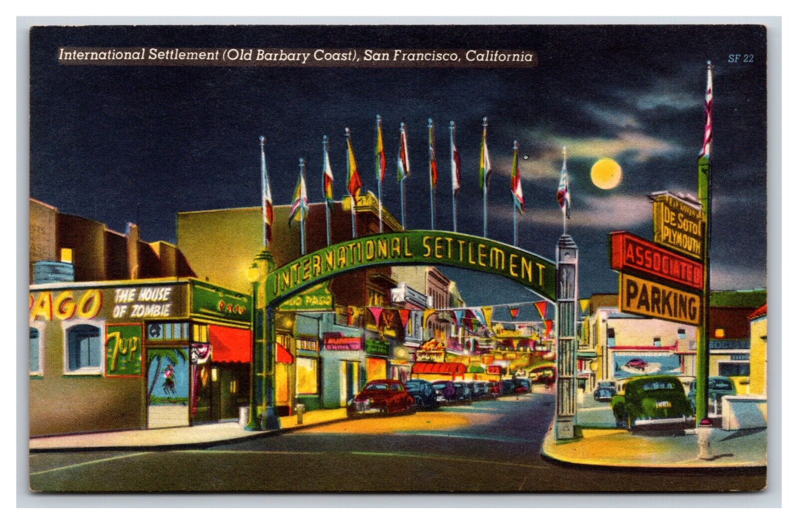 International Settlement Night View San Francisco CA UNP Linen Postcard H23