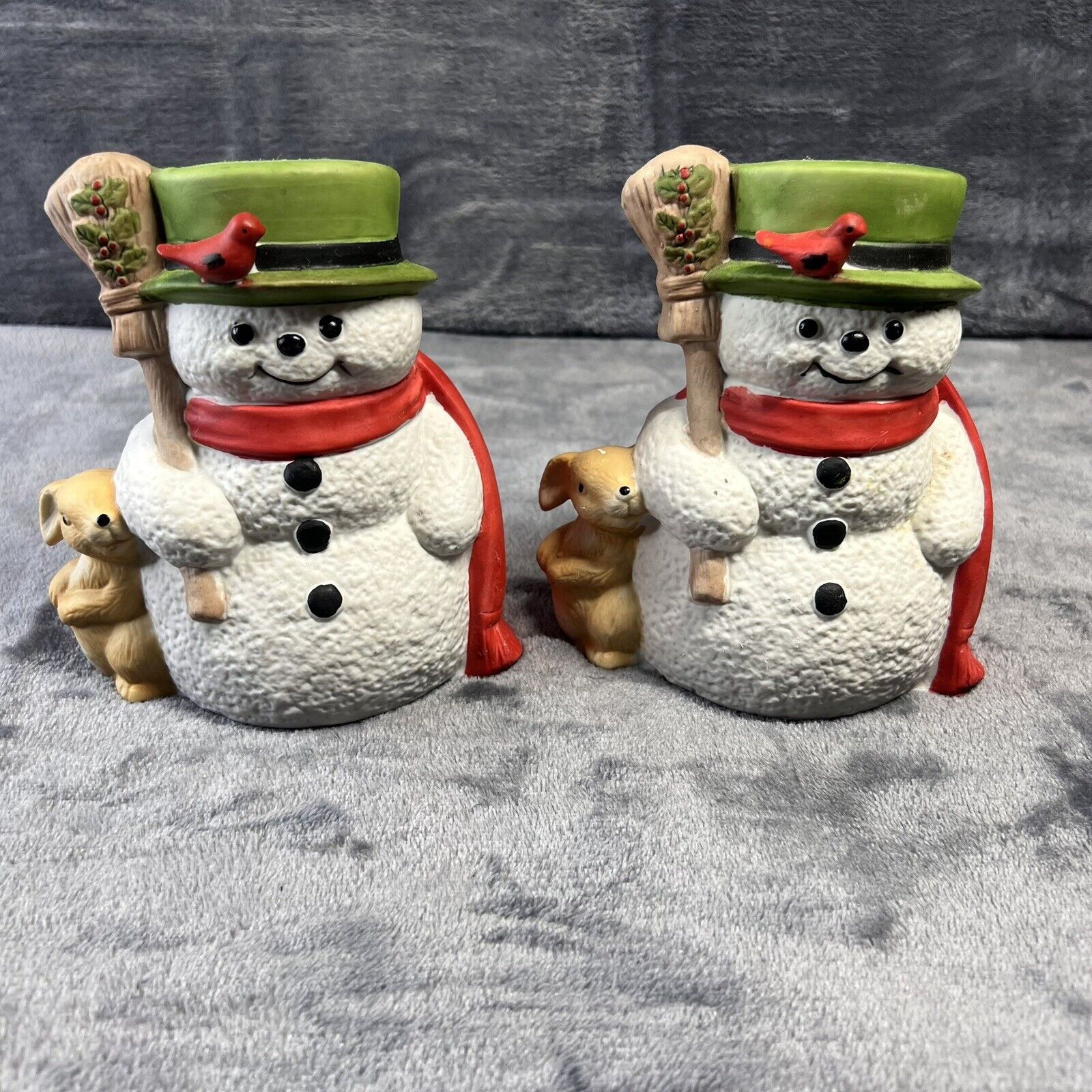 Vintage Jamestown Snowman with Bunny Christmas Figurines (2) No Music Boxes