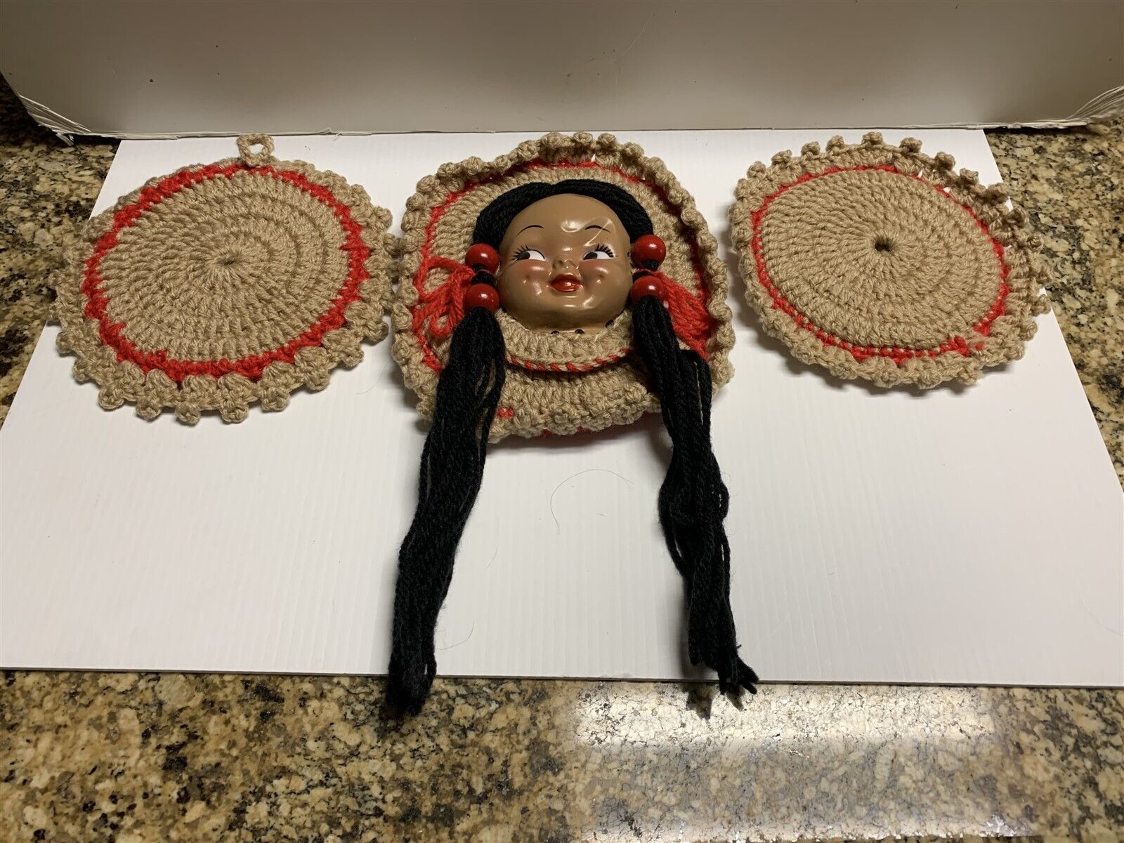 Vtg Handmade Crocheted Indian Face Pot Wall Hanging 