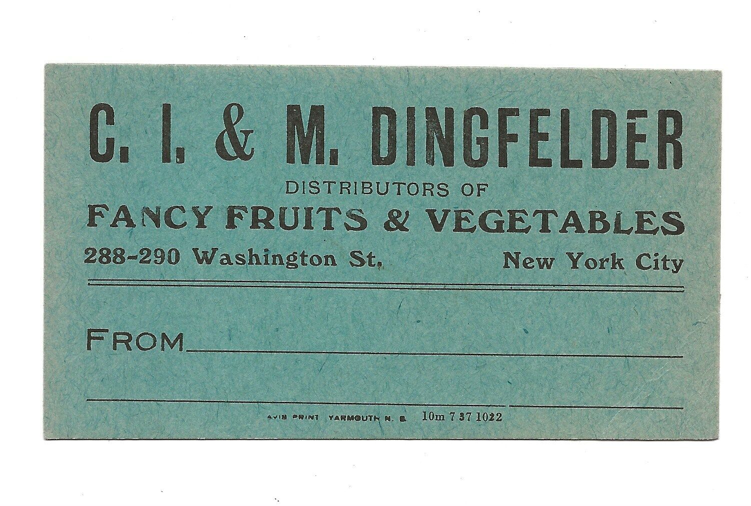 c. 1930s C.I & M Dingfelder Fancy Fruits & Vegetables Tag-Washington St New York