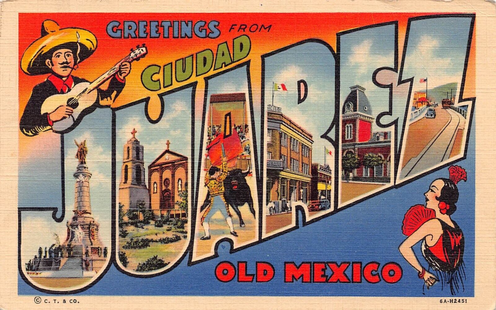 1957? Ciudad Juarez Old Mexico Greetings Large Letter Linen 6A-H2451 Postcard