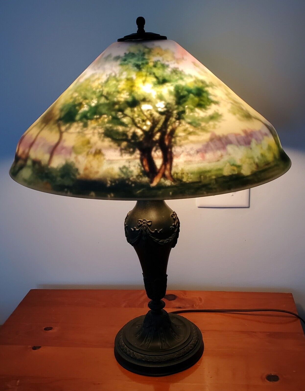 Enormous Antique Pairpoint Reverse Painted Tree Forest Scenic Table Lamp