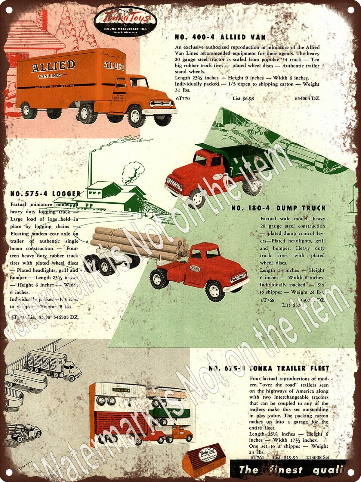1954 Tonka Toys Truck Allied Van Dump Logger Trailer Metal Sign 9x12 A583