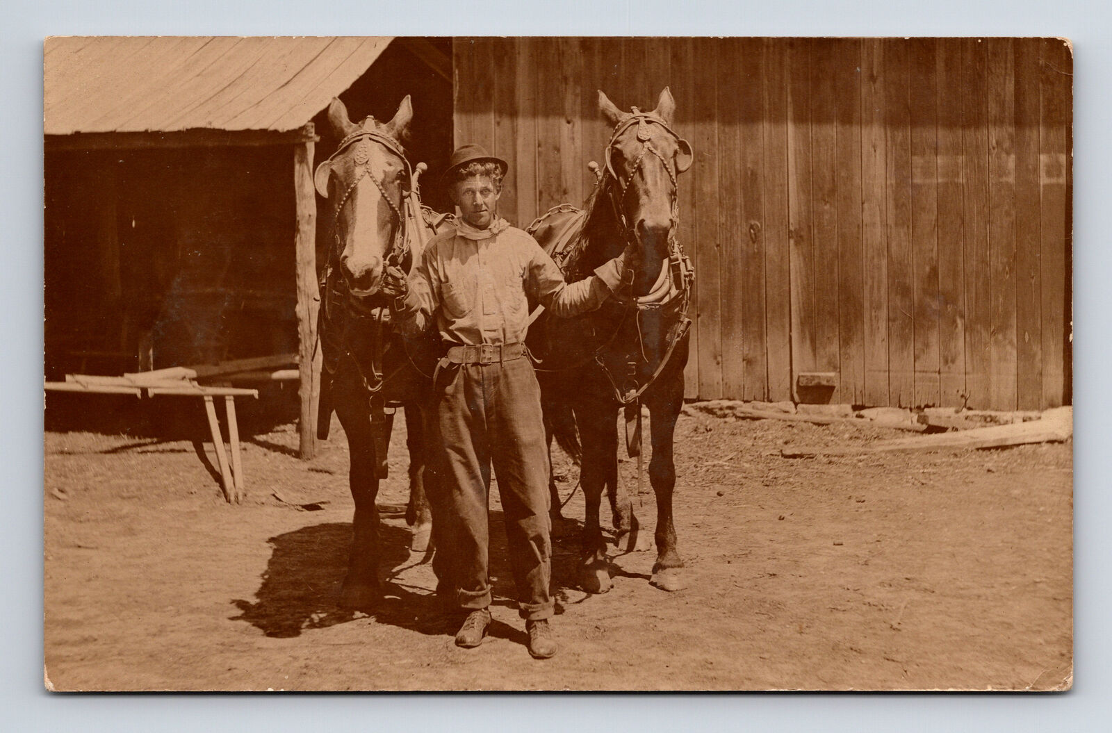 RPPC Young Man at Barn Homestead Two Horses James Hamm or Hanson Postcard