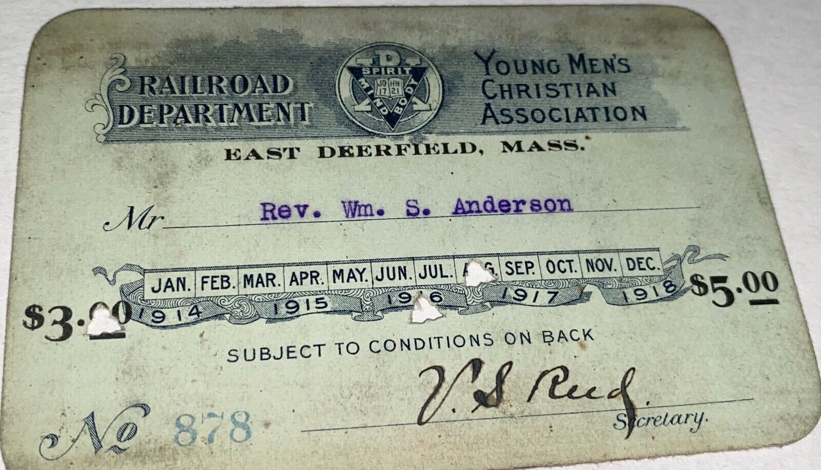Rare Antique Young Men\'s Christian Association Railroad Department Pass 1916