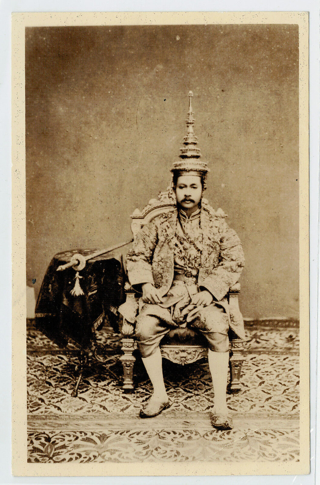 Old Siam Photo King Chulalongkorn Sit on Chair with Sword Albumen Vintage