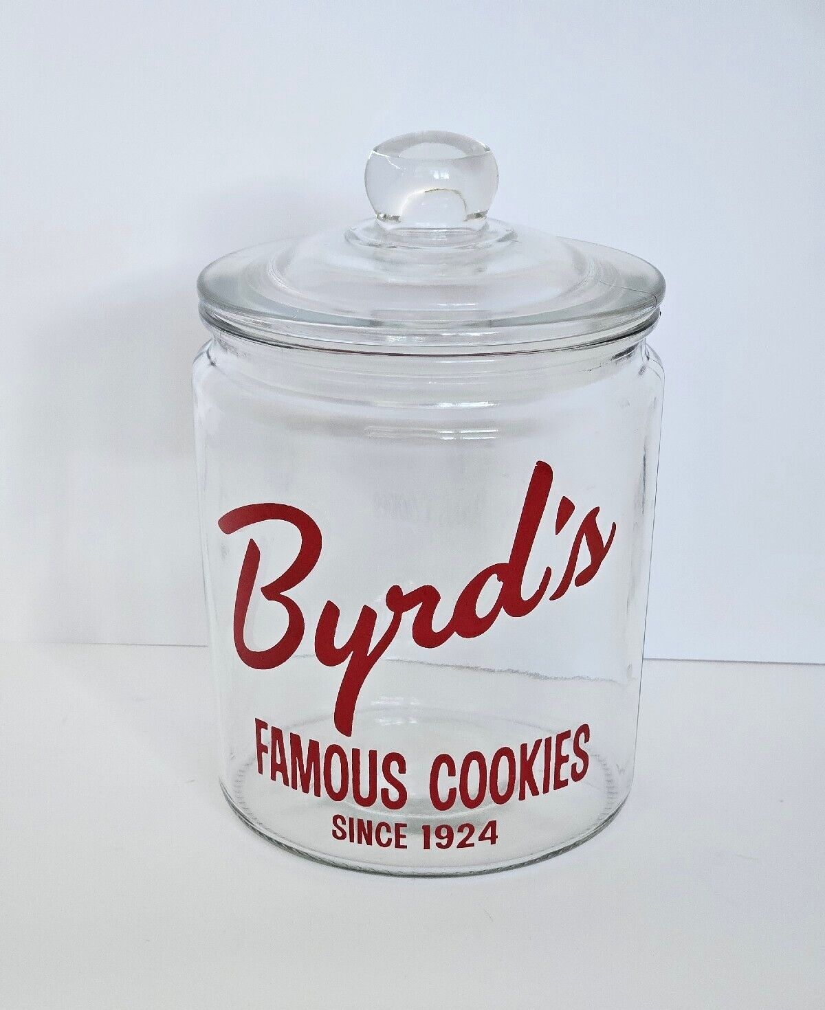 BYRD\'S FAMOUS COOKIES Glass Cookie Jar w/ Lid 2 qt 8½\