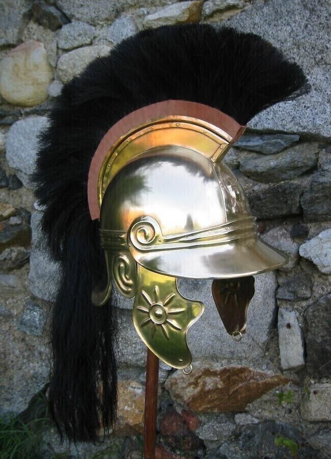 18GA Brass Sca Larp Medieval Roman Celtic Helmet With Black Plume Cosplay Helmet