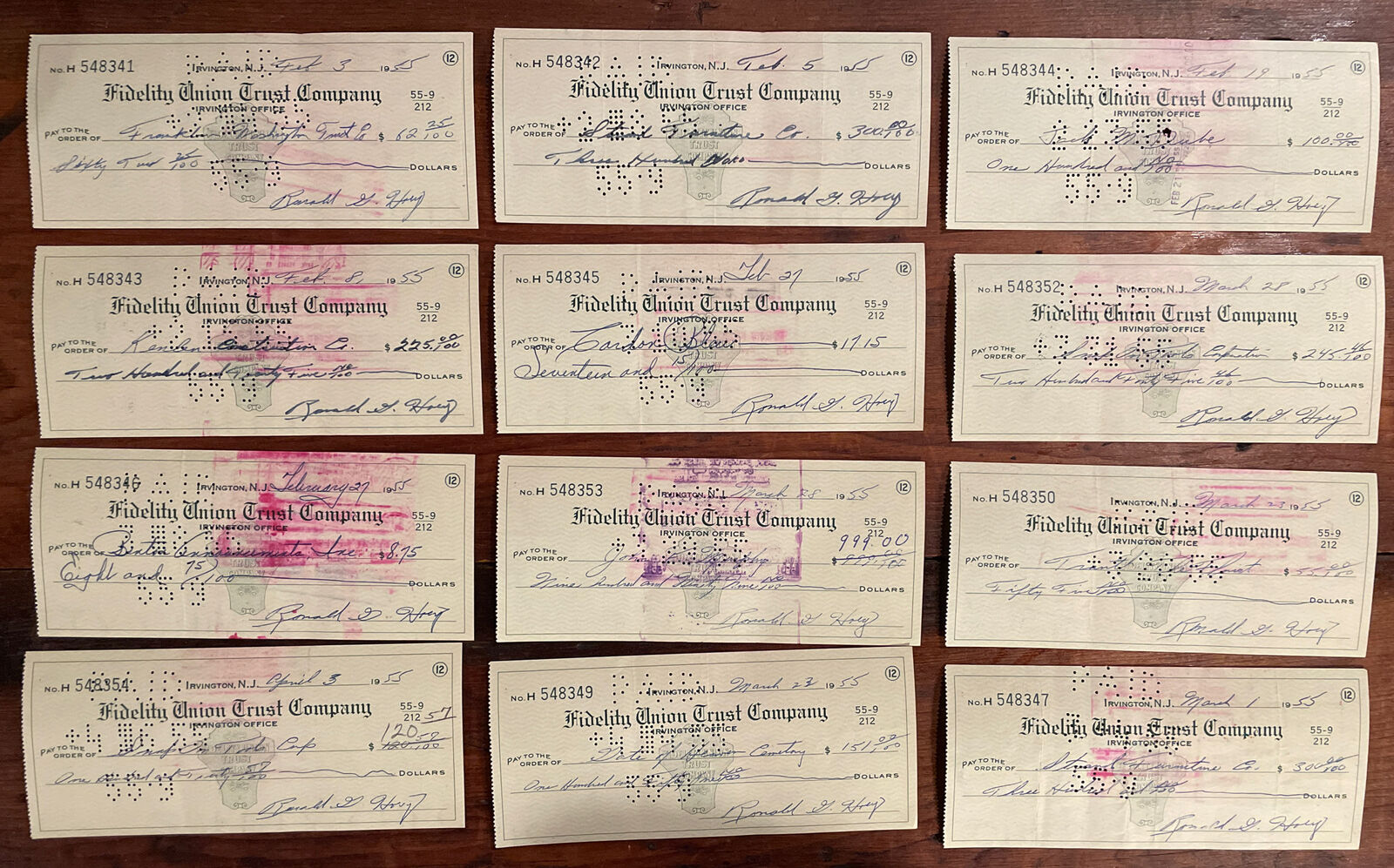 Vintage Paper 1955 Bank Ephemera - 12 Cashed Checks - Fidelity Union Trust Co.