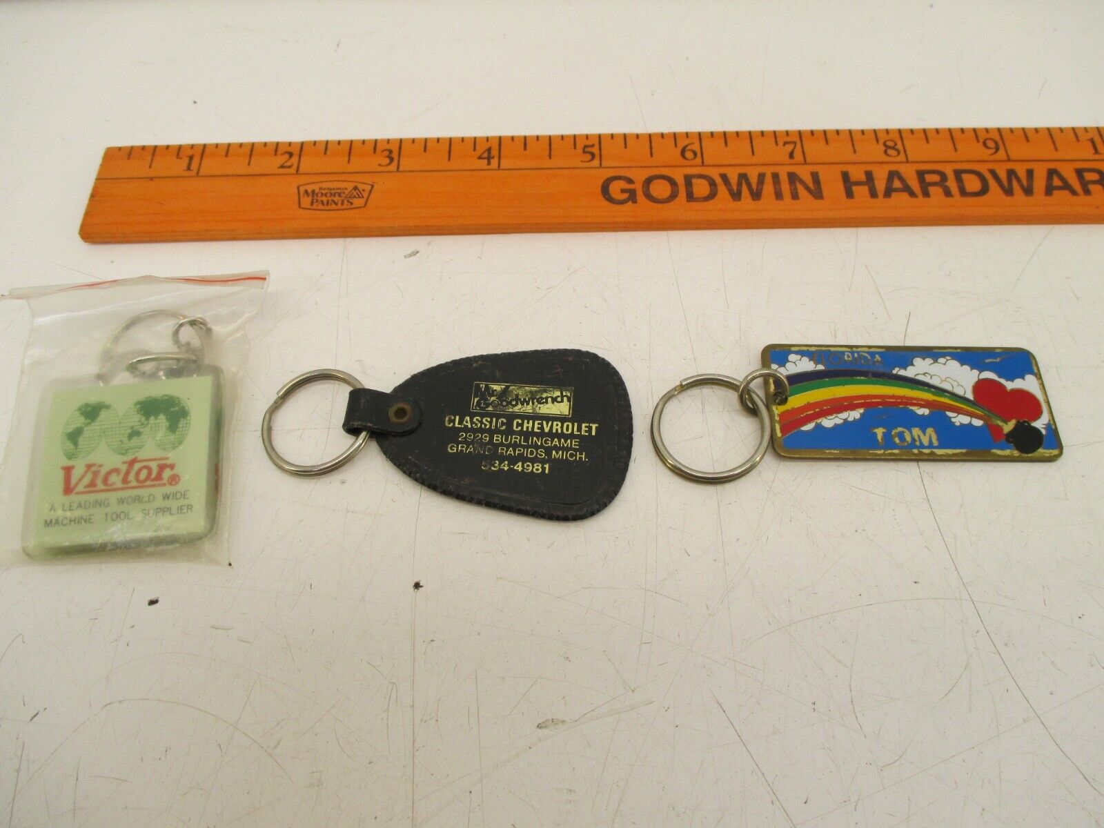 Lot of 3 Vintage Keychain Various Companies. Victor Mr. Goodwrench Advertising