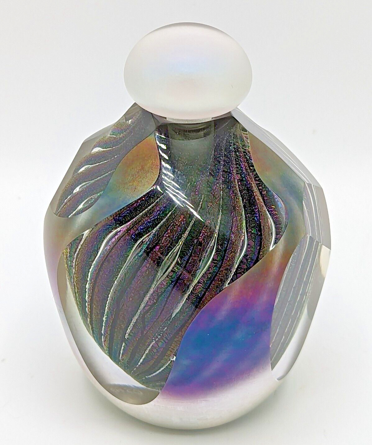 Brian Maytum Art Glass Perfume Bottle w Dauber Signed 1985 Cut Irridescent Purpl